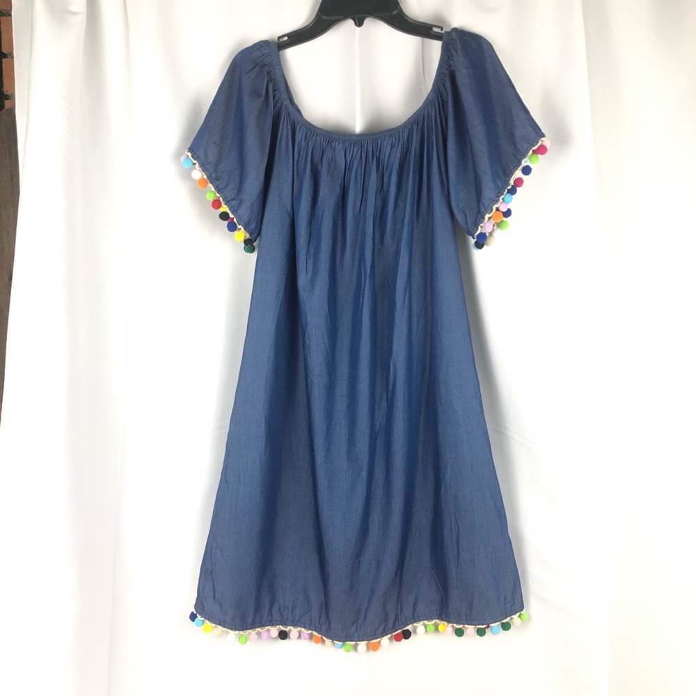 Denim Faux off the shoulder dress poms sleeves/hem - Picture 2 of 8